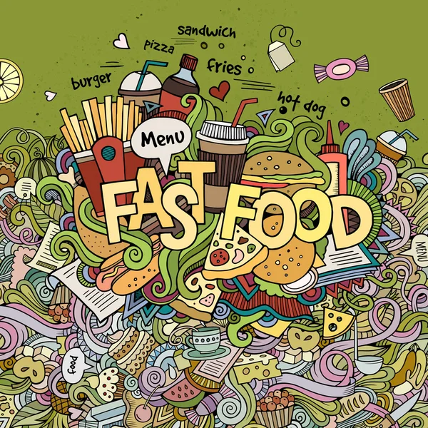 Fast-food hand belettering en doodles elementen achtergrond — Stockvector