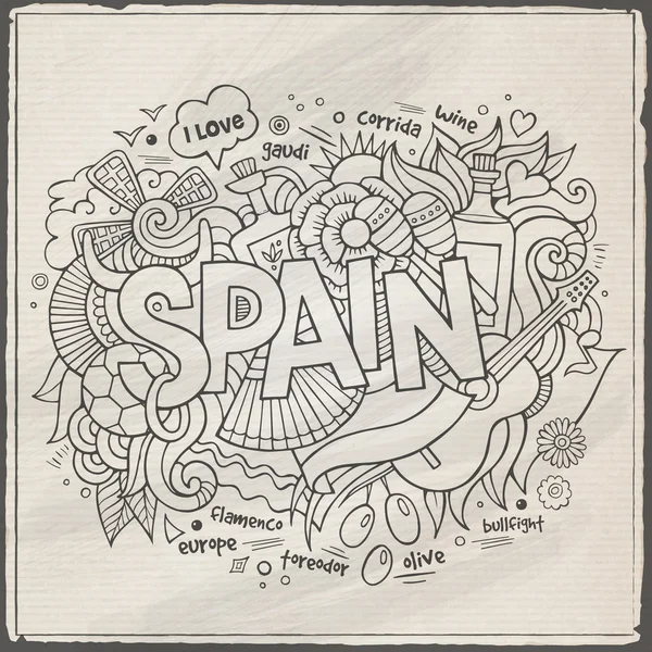 Espanha lettering mão e doodles elementos de fundo — Vetor de Stock