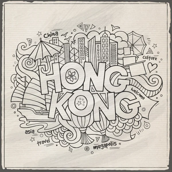 Hong Kong hand lettering and doodles elements background — Stock Vector