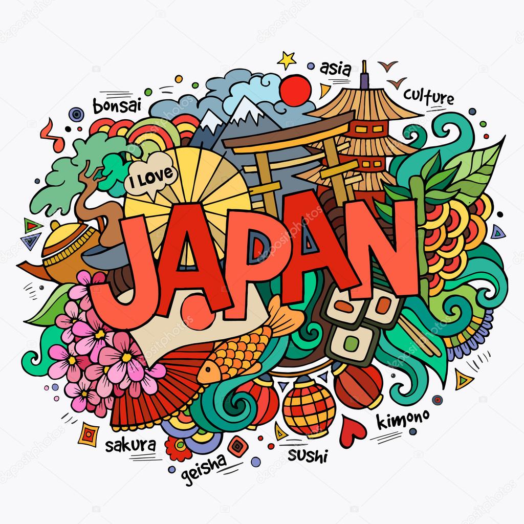 Japan hand lettering and doodles elements background. Vector illustration