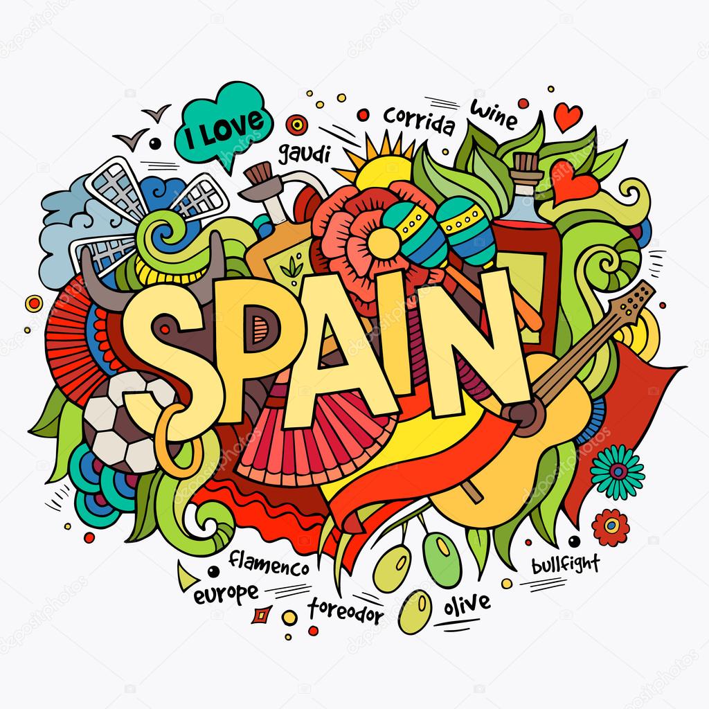 Spain hand lettering and doodles elements background. Vector illustration