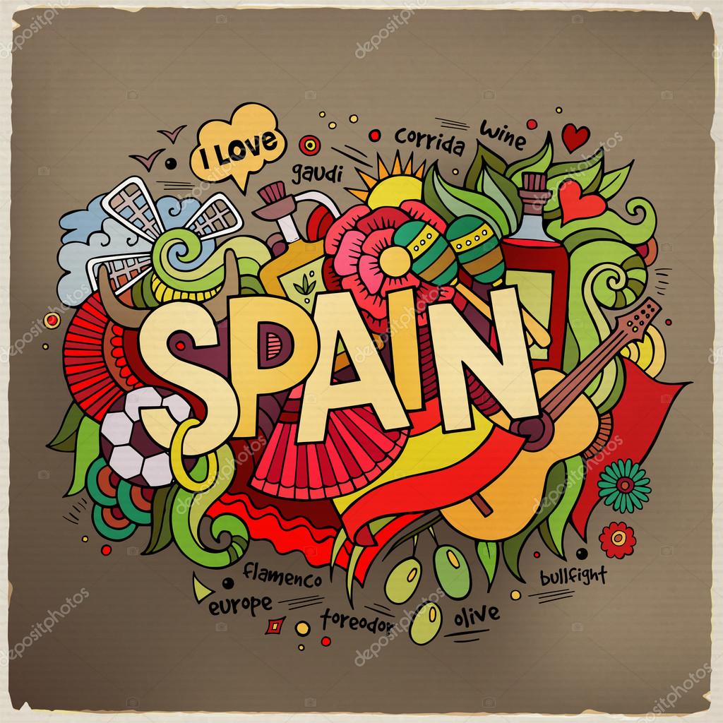 Spain hand lettering and doodles elements background. Vector ill