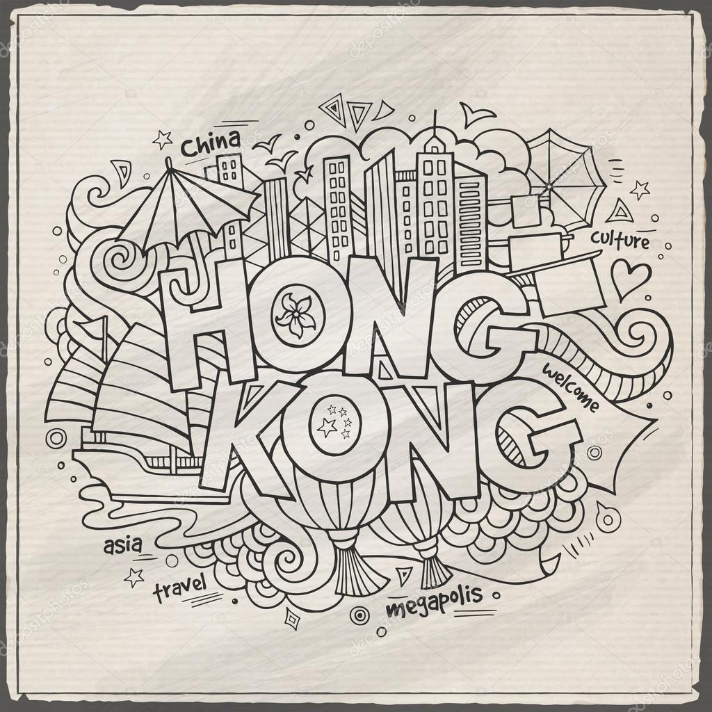 Hong Kong hand lettering and doodles elements background. Vector illustration