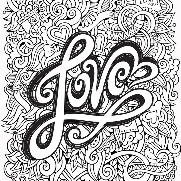 Amor mão letras e doodles elementos de fundo — Vetor de Stock