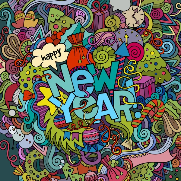 Nya året hand bokstäver och doodles element bakgrund — Stock vektor