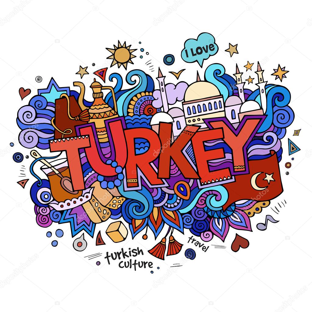 Turkey hand lettering and doodles elements background. Vector illustration
