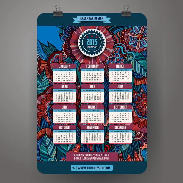 Doodles desenho animado floral Calendário 2015 ano design, Inglês, Sunda — Vetor de Stock