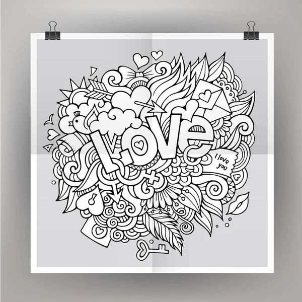 Cartel de plantilla vectorial con letras de mano Love y garabatos elem — Vector de stock