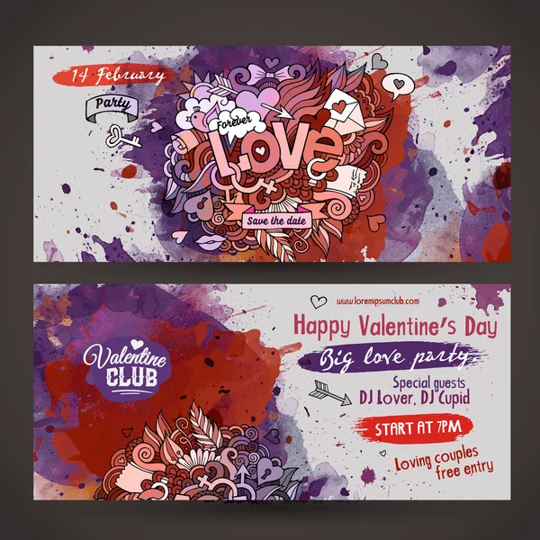 Vector love doodles watercolor paint party flyer — Stock Vector