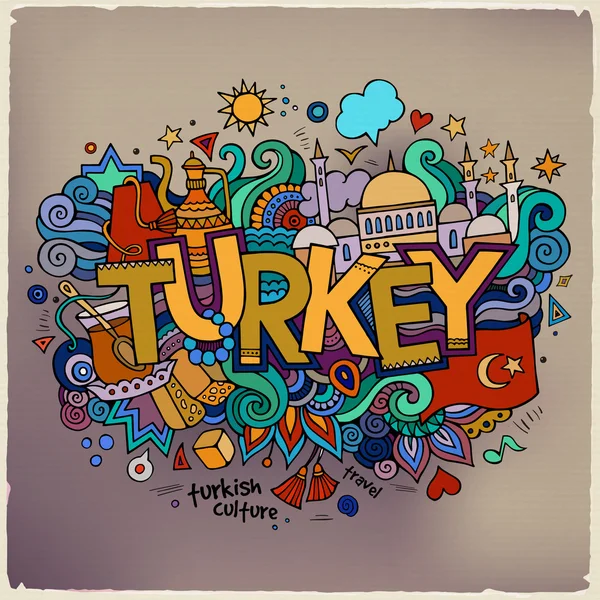 Turkiet hand bokstäver och doodles element bakgrund. Vector il — Stock vektor