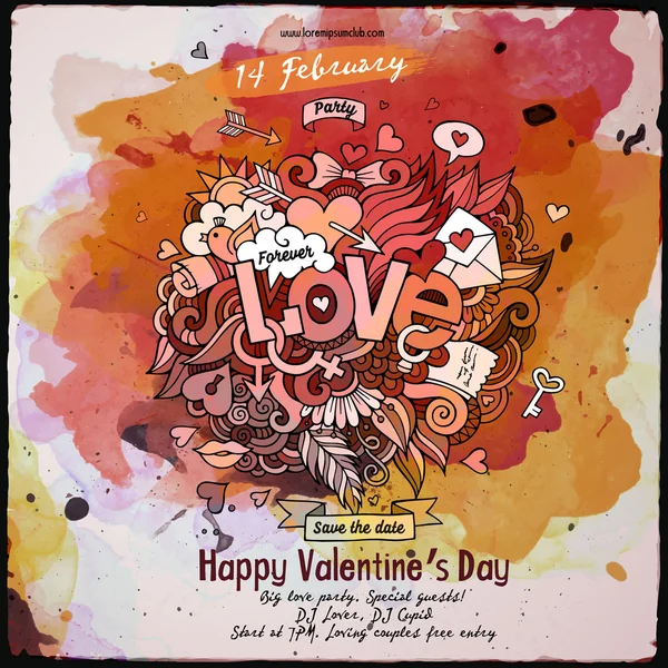 Vector amor doodles aquarela cartaz design — Vetor de Stock