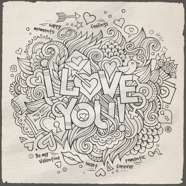 I Love You letras de la mano y garabatos elementos — Vector de stock