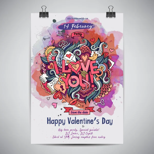 Vector love doodles watercolor poster design — Stock Vector