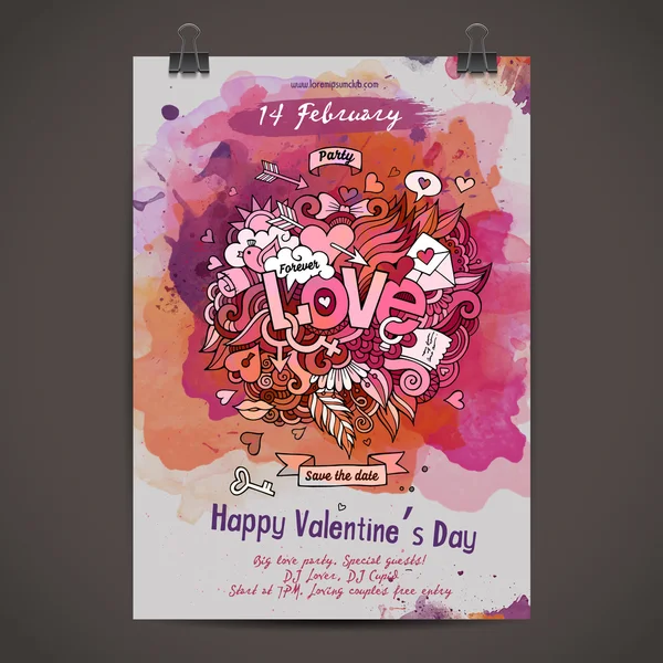 Vector love doodles watercolor poster design — Stock Vector