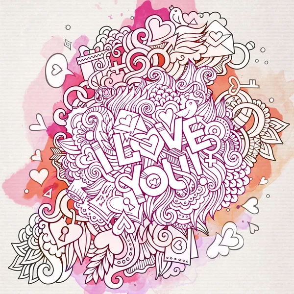 Vector love doodles akvarell kortdesign — Stock vektor