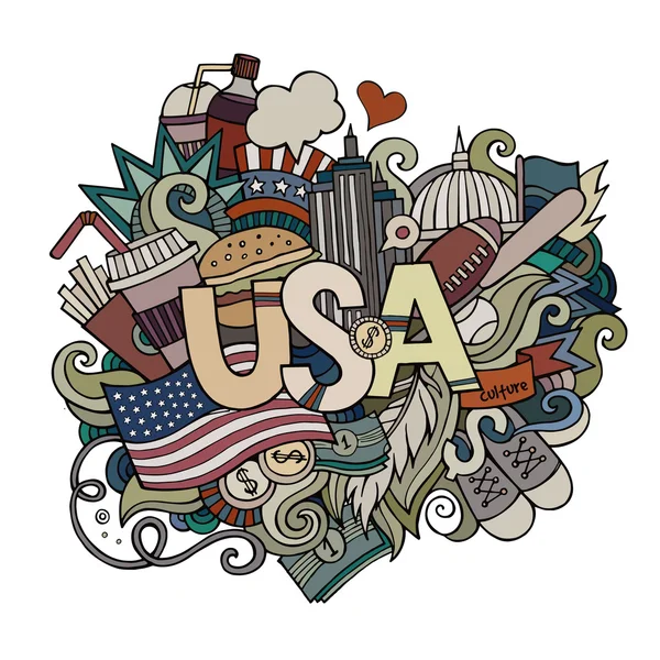 USA hand lettering and doodles elements background — Stock Vector