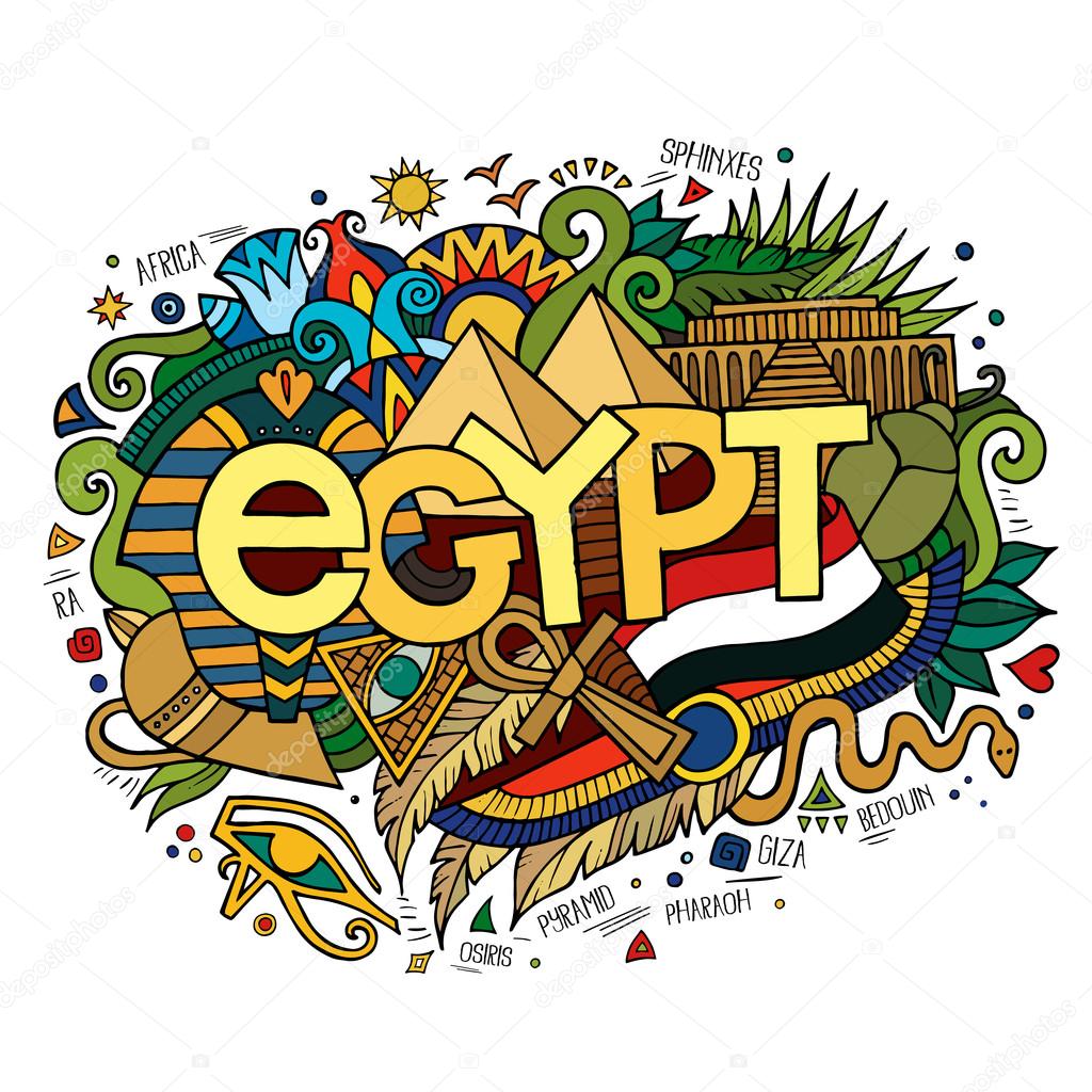 Egypt hand lettering and doodles elements background. Vector illustration