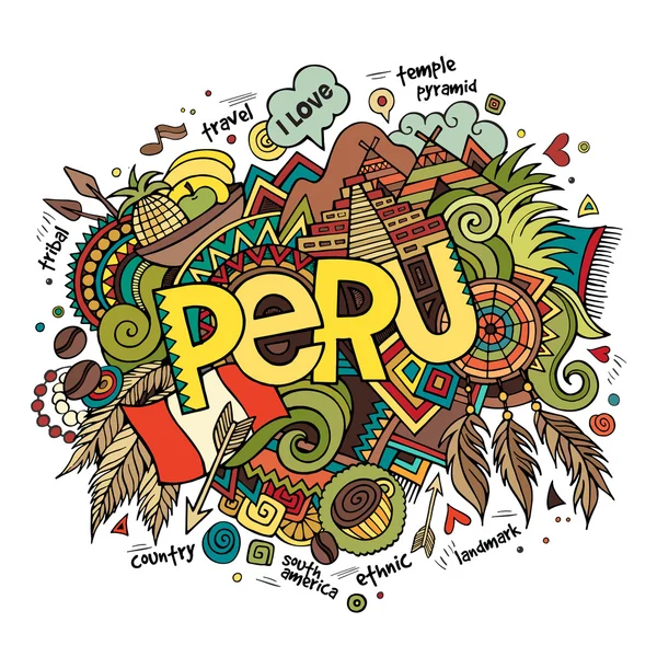 Perú letras de mano y doodles elementos de fondo — Archivo Imágenes Vectoriales