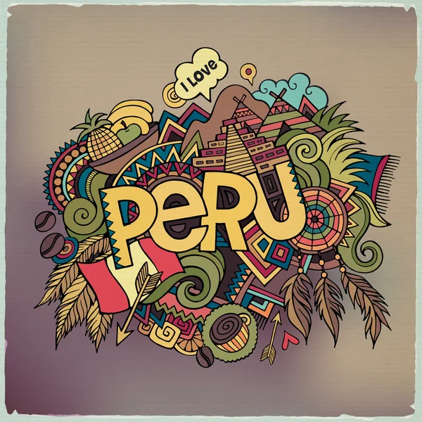 Peru lettering mão e doodles elementos de fundo . — Vetor de Stock