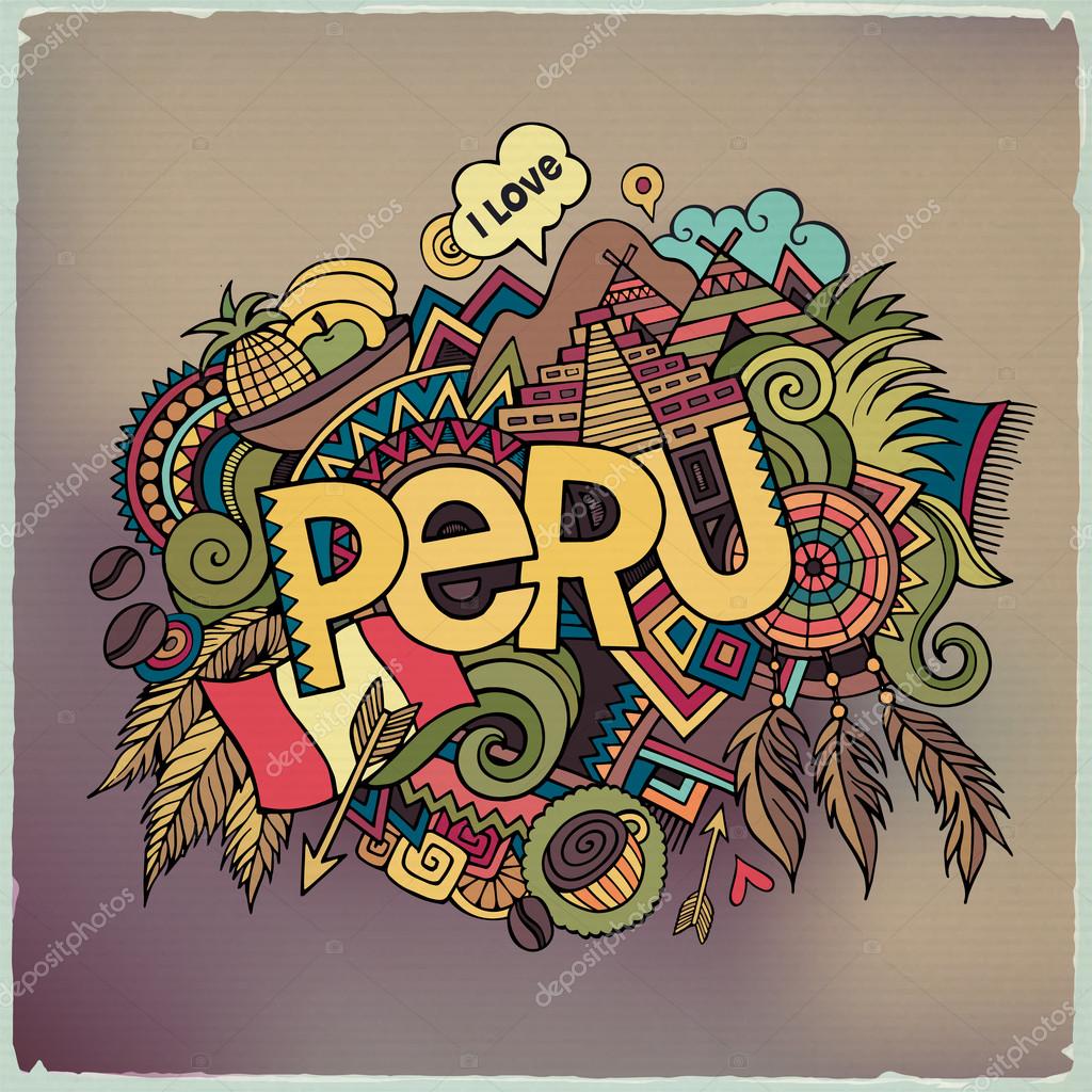 Peru hand lettering and doodles elements background. Vector illustration