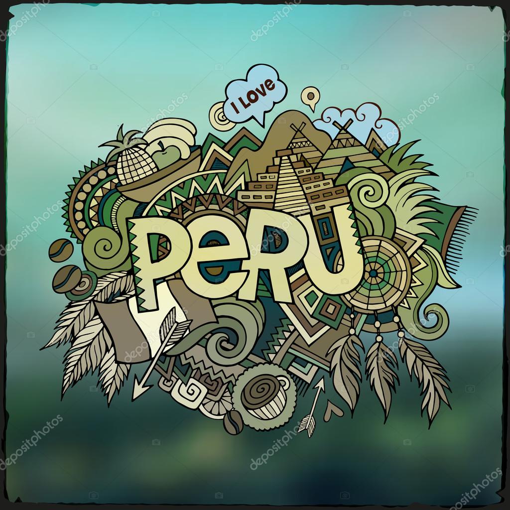 Peru hand lettering and doodles elements background. Vector illustration
