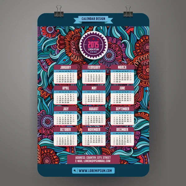 Doodles desenho animado floral Calendário 2015 ano de design — Vetor de Stock