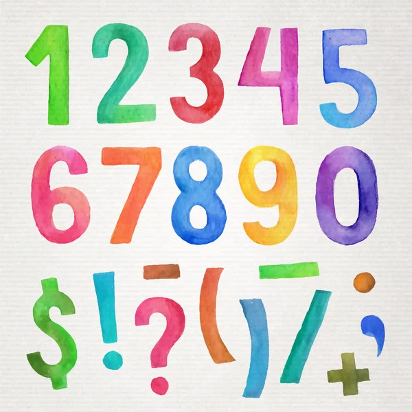 Watercolor handwritten numbers and symbols — Stock Vector