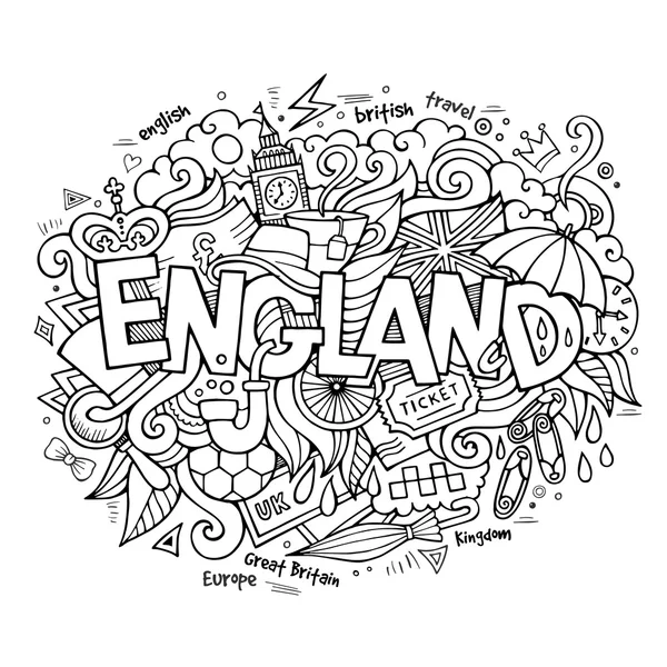 Inglaterra lettering mão e doodles elementos de fundo —  Vetores de Stock