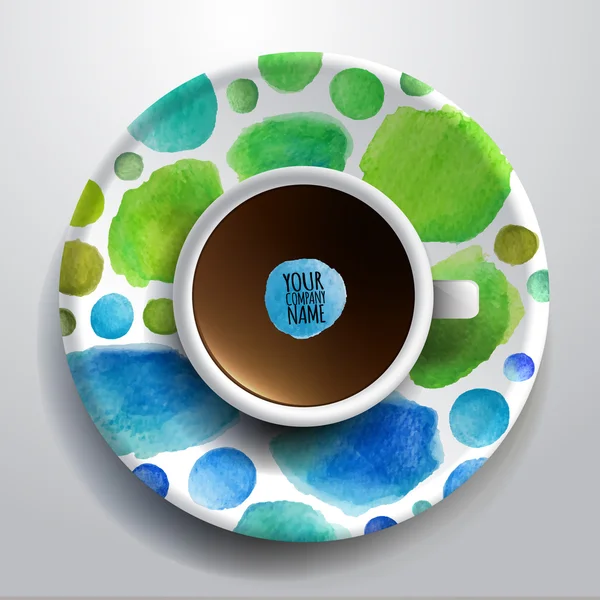 Cup of coffee and hand drawn watercolor on a saucer — Stock Vector