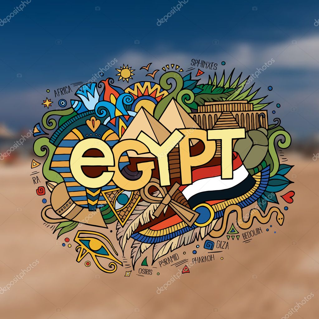 Egypt hand lettering and doodles elements background. Vector blurried illustration
