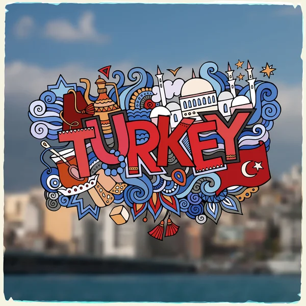 Turkije hand belettering en doodles elementen achtergrond — Stockvector