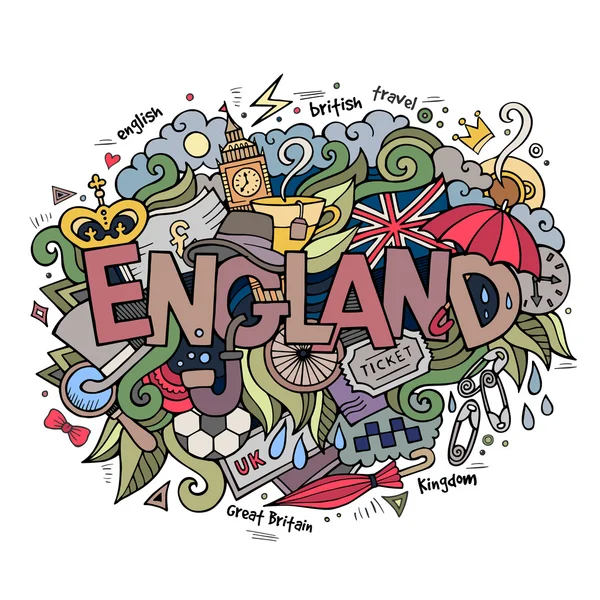 England hand lettering and doodles elements background — Stock Vector