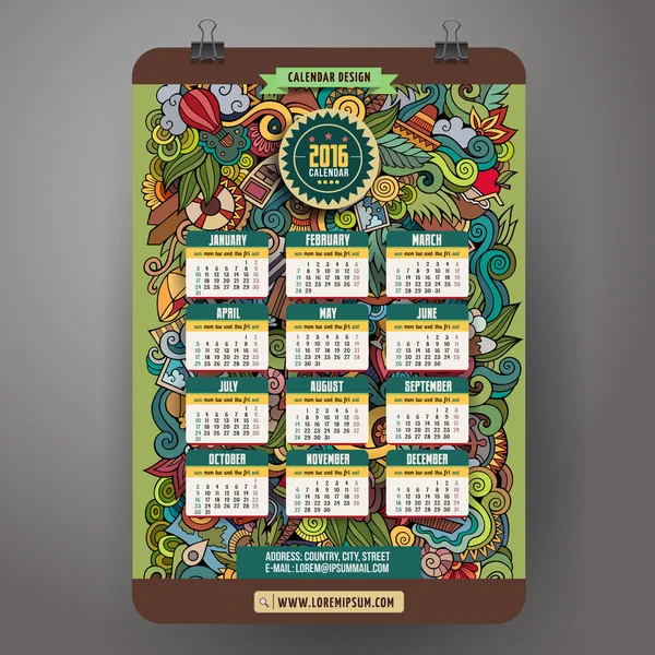 Doodles estate Calendario 2016 anno di progettazione — Vettoriale Stock