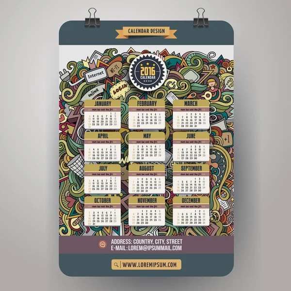 Doodles social media Calendário 2016 ano —  Vetores de Stock