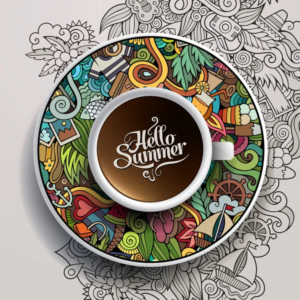 Tasse Kaffee und handgezeichnete Aquarell-Sommerkritzeleien — Stockvektor