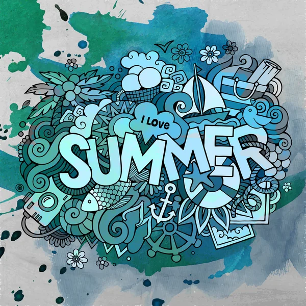 Lettering mão aquarela verão e doodles elementos —  Vetores de Stock