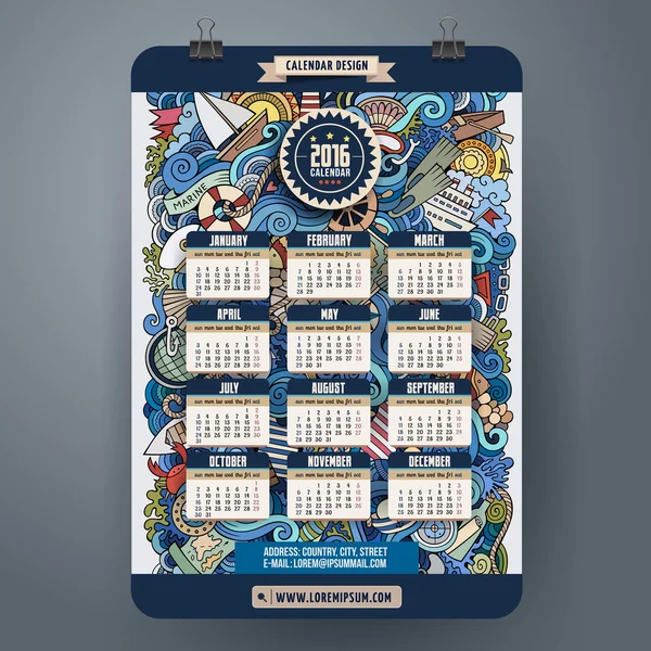Doodles Marine Kalender 2016 Jahr Design — Stockvektor