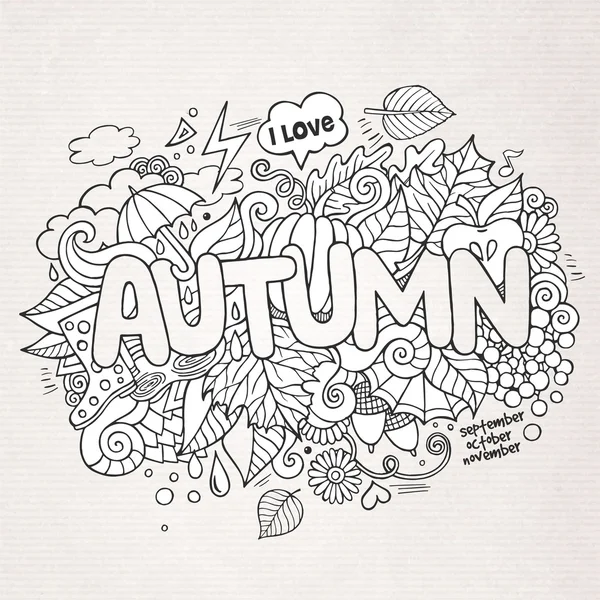 Autumn hand lettering and doodles elements background — Stock Vector