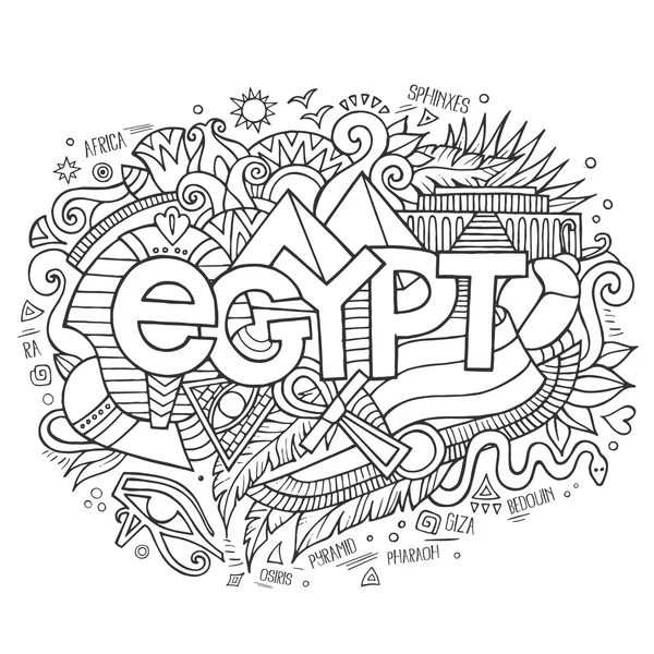 Egipto letras de mano y doodles elementos de fondo — Vector de stock