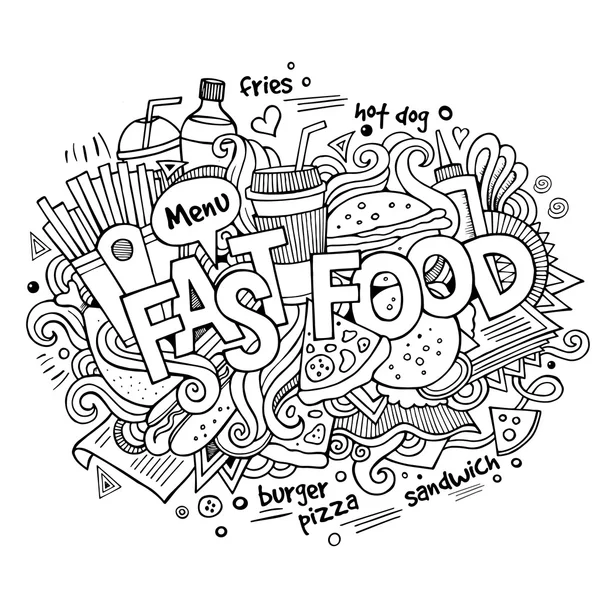 Fast Food Hand Schriftzug und Doodles Elemente Hintergrund — Stockvektor