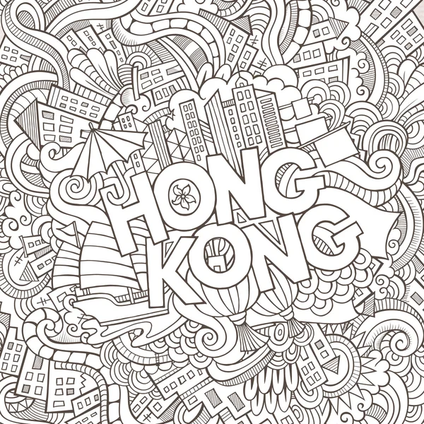 Hong Kong hand lettering and doodles elements background — Stock Vector