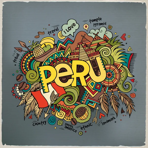 Perú letras de mano y doodles elementos de fondo . — Vector de stock