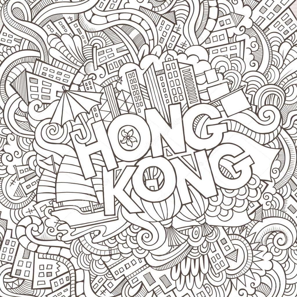 Hong Kong hand lettering and doodles elements background. Vector illustration