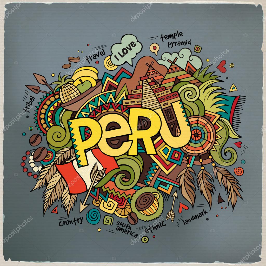Peru hand lettering and doodles elements background. Vector illustration