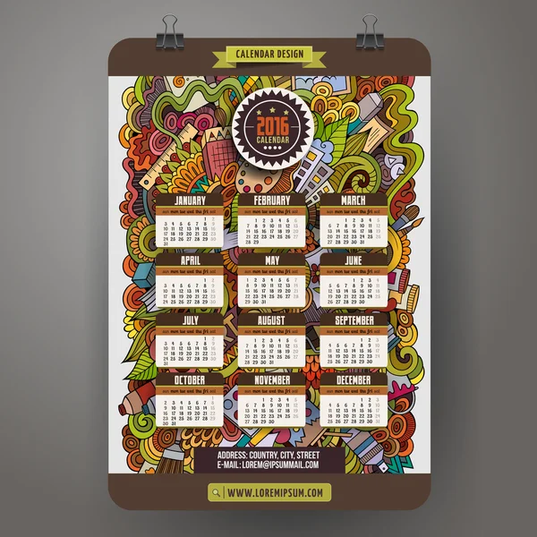 Doodles cartoon Calendário de Arte 2016 ano —  Vetores de Stock