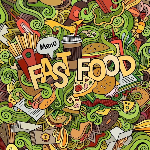 Fast food mano lettering e scarabocchi elementi di sfondo — Vettoriale Stock