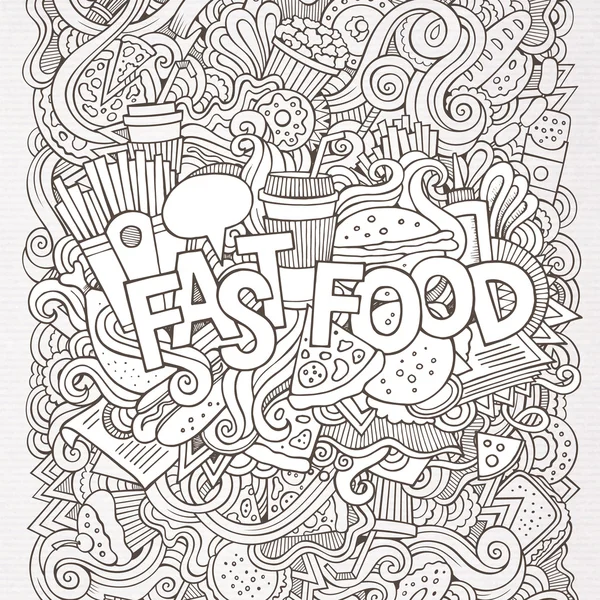 Fast foody strony napis i doodles elementy tła — Wektor stockowy