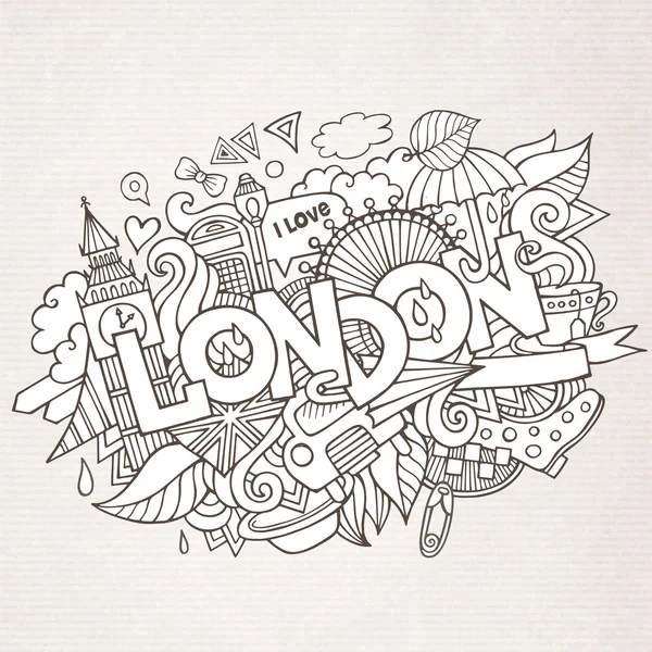 Londen hand belettering en doodles elementen achtergrond. — Stockvector