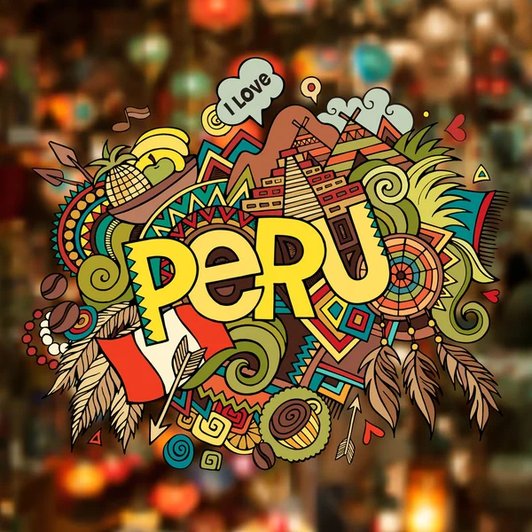 Peru lettering mão e doodles elementos de fundo . — Vetor de Stock