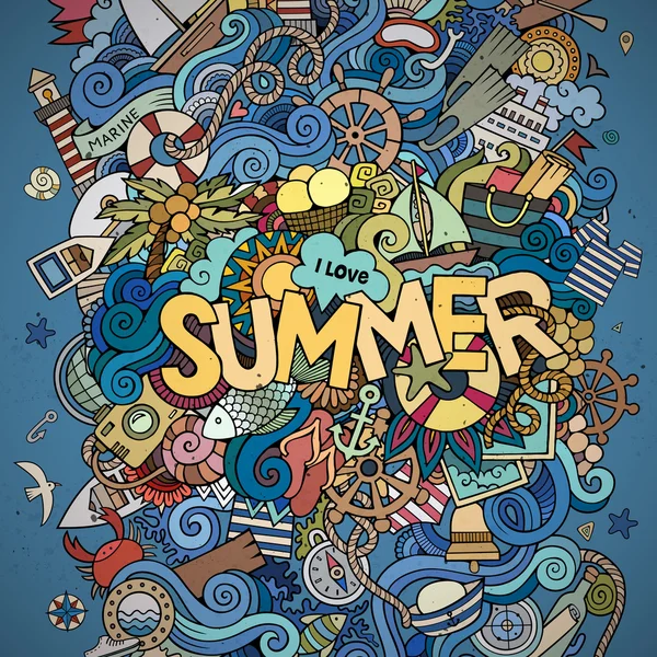 Summer hand lettering and doodles marine elements. — Stock Vector